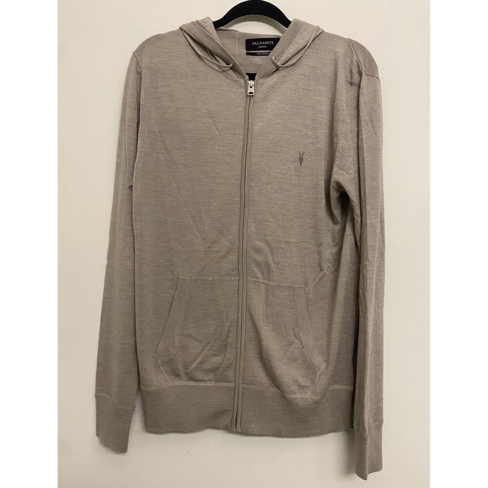 AllSaints 100% Merino Wool Full Zip Hoodie Mens M Oatmeal Gray Mid Layer Sweater
